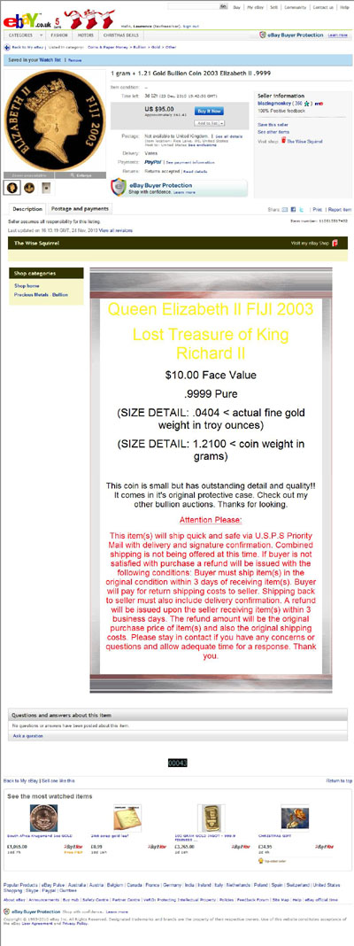 blazingmonkey's eBay Listing Using our 2003 Fiji Gold Proof 10 Dollars Lost Treasure of King Richard II Photographs